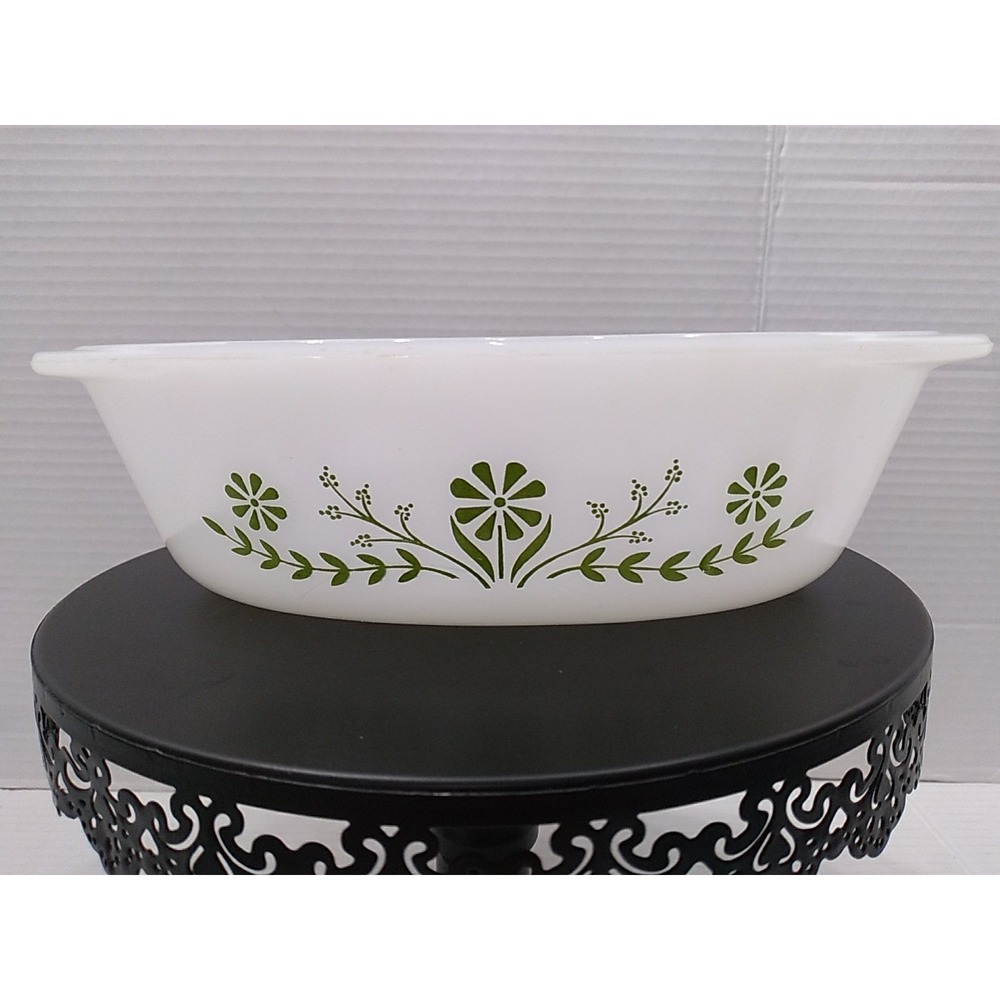 VTG Glasbake 1 Quart Serving Dish White With Green Flowers Made In USA J235